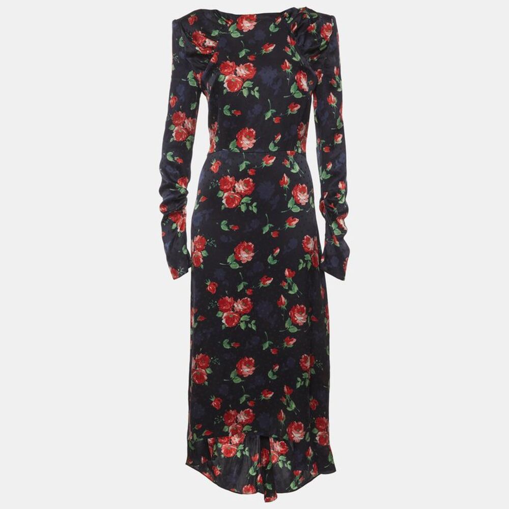 Magda Butrym Navy Blue Floral Print Satin Jacquard Midi Dress S